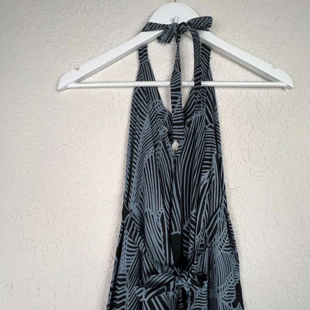 BOHO Womens Black White Long Maxi Striped Print Tie Halter Neck Dress - Picture 7 of 8